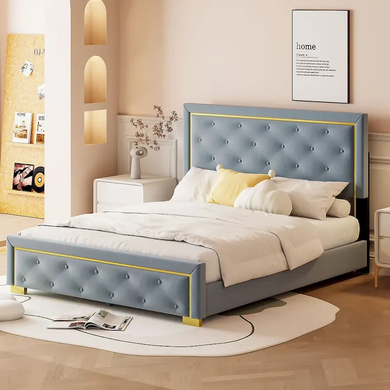 Gray Queen Size Upholstered Platform Bed with Pull Point Headboard and Metal Frame