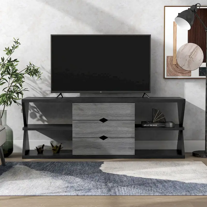 Ayala Modern Black and Distressed Grey 60-inch 4-Shelf TV Console with 3-Drawer