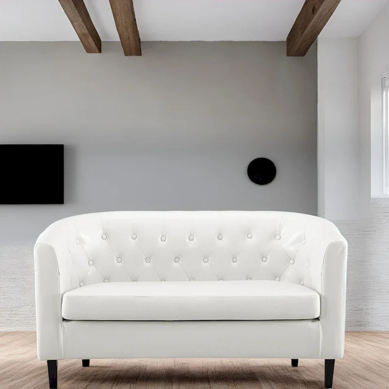 Midcentury Modern Button Tufted Faux Leather Barrel Loveseat - Comfy Tub Loveseat Sofa