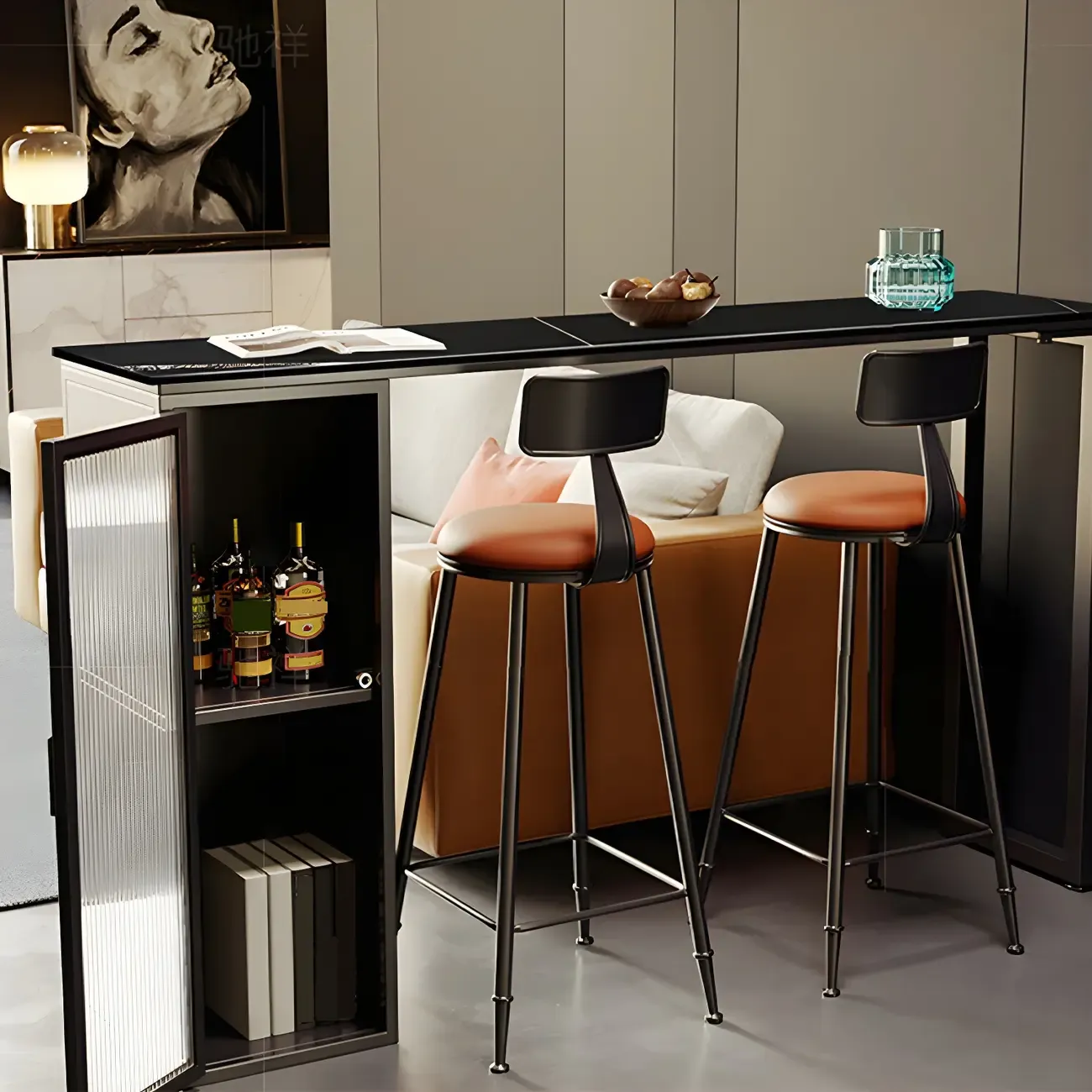 Modern Black Stone Steel Pedestal Storage Bar Tables