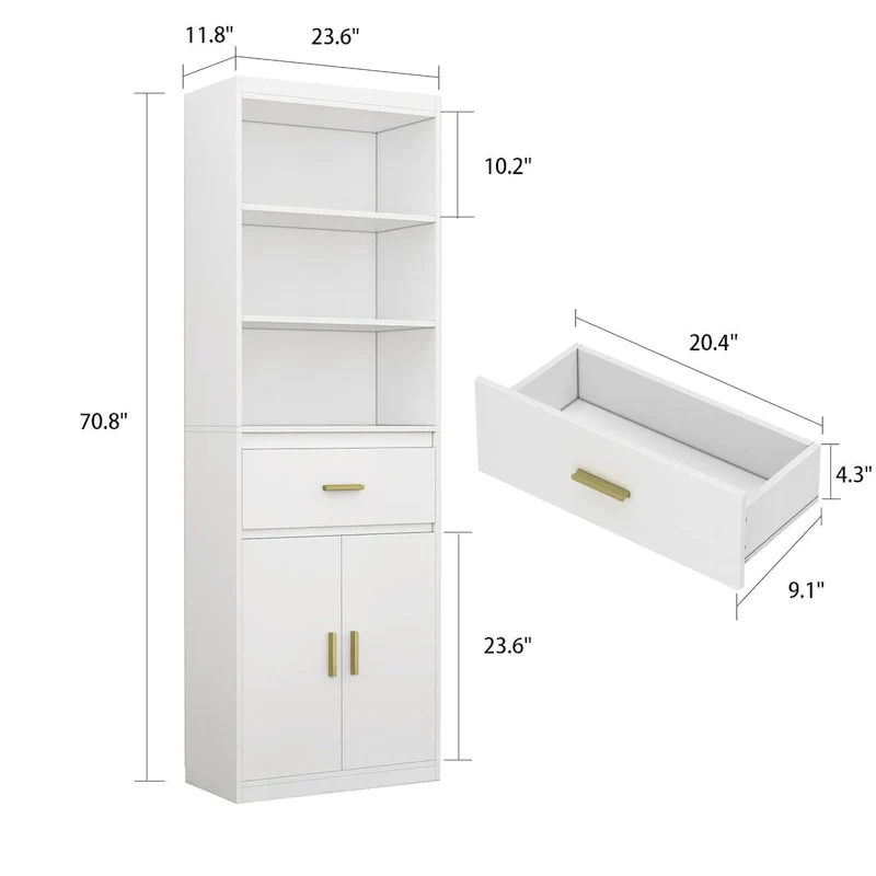 White Tall Linen Cabinet with 2 Doors, 1 Drawer & 2 Open Shelves