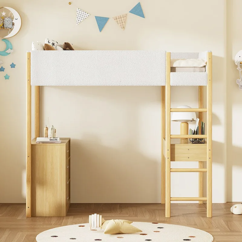 Twin Size Wood and Teddy Fleece Upholstered Loft Bed