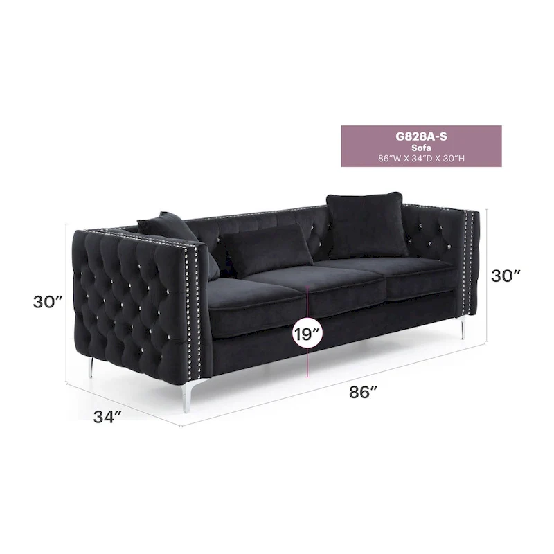 Tufted Velvet Sofa - Blue, 3-Seater, Track Arms, 2 Throw Pillows, 86W x 30H, Contemporary