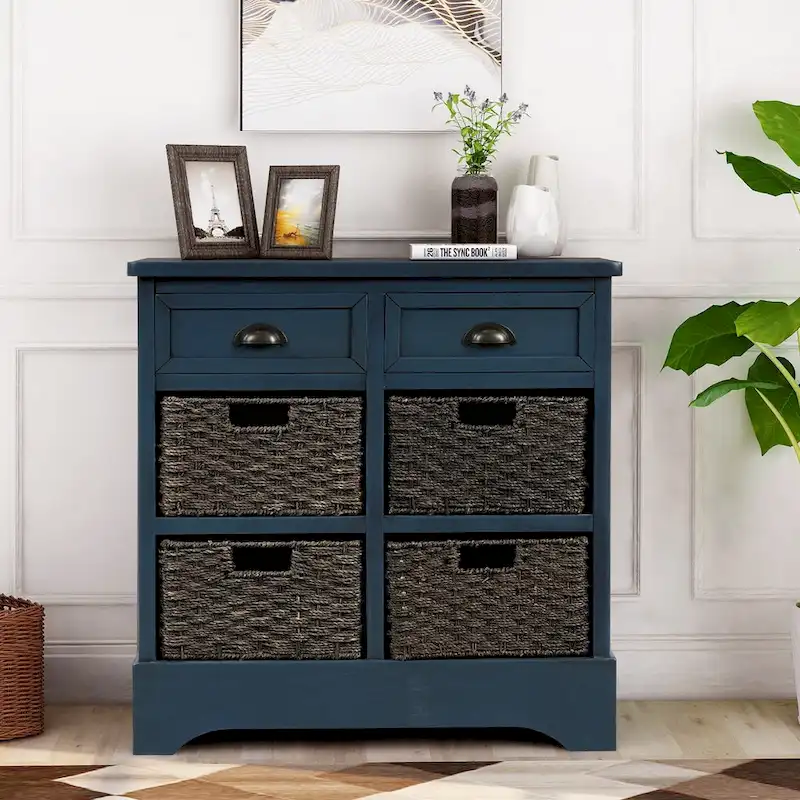 Rustic Storage Cabinet with Two Drawers and Four Classic Rattan Basket for Dining Room/Entryway/Living Room (Antique Navy)