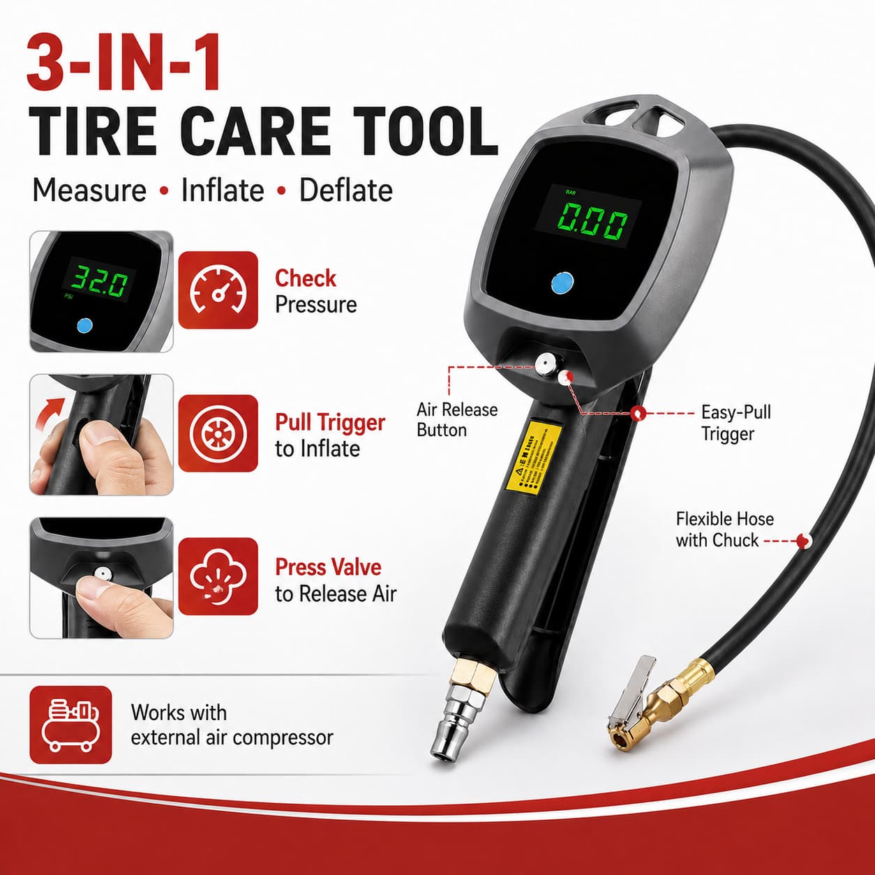 SEAPENG BW-E02 5-230 PSI tire inflator gauge for garage use