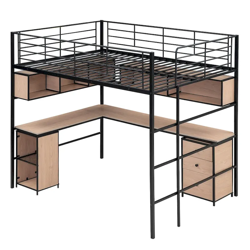 Metal Loft Bed with Bookcase, Desk and Cabinet