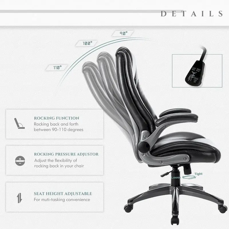 Leather Executive Office Chair- High Back Home Computer Desk Chair with Padded Flip-up Arms, Adjustable Tilt Lock