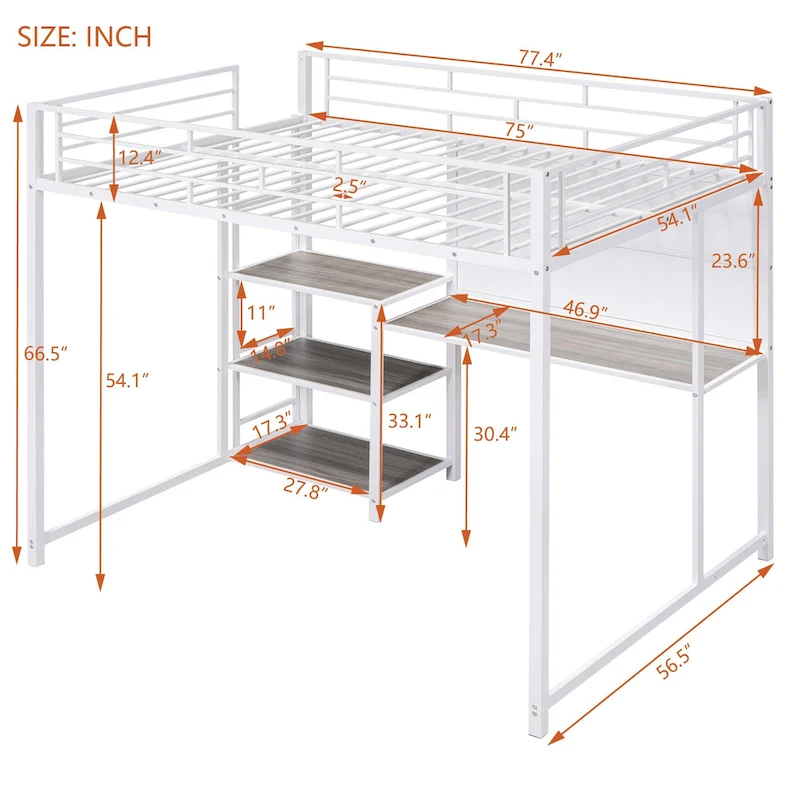 Metal Loft Bed with 3 Shelves and Ladder