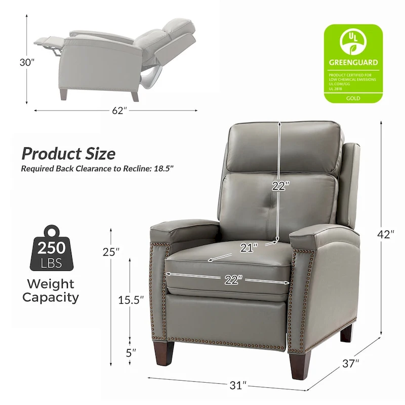 Gaspar Mid-Century Modern Genuine Leather Pushback Recliner with Wood legs Set of 2 by HULALA HOME