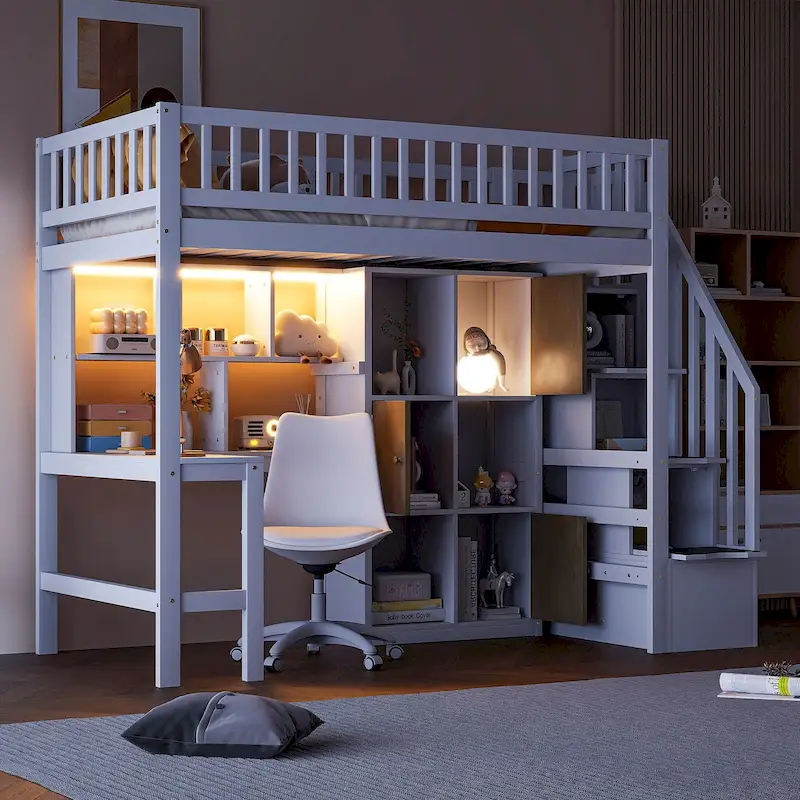 Wood Twin Size Loft Bed with Built-in Desk, LED, Storage Shelves, Cabinets and Staircase, White