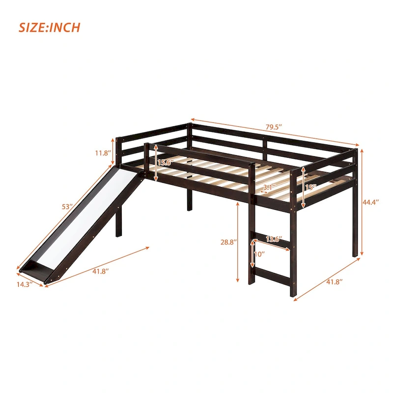 Loft Bed with Slide, Multifunctional Design, Twin
