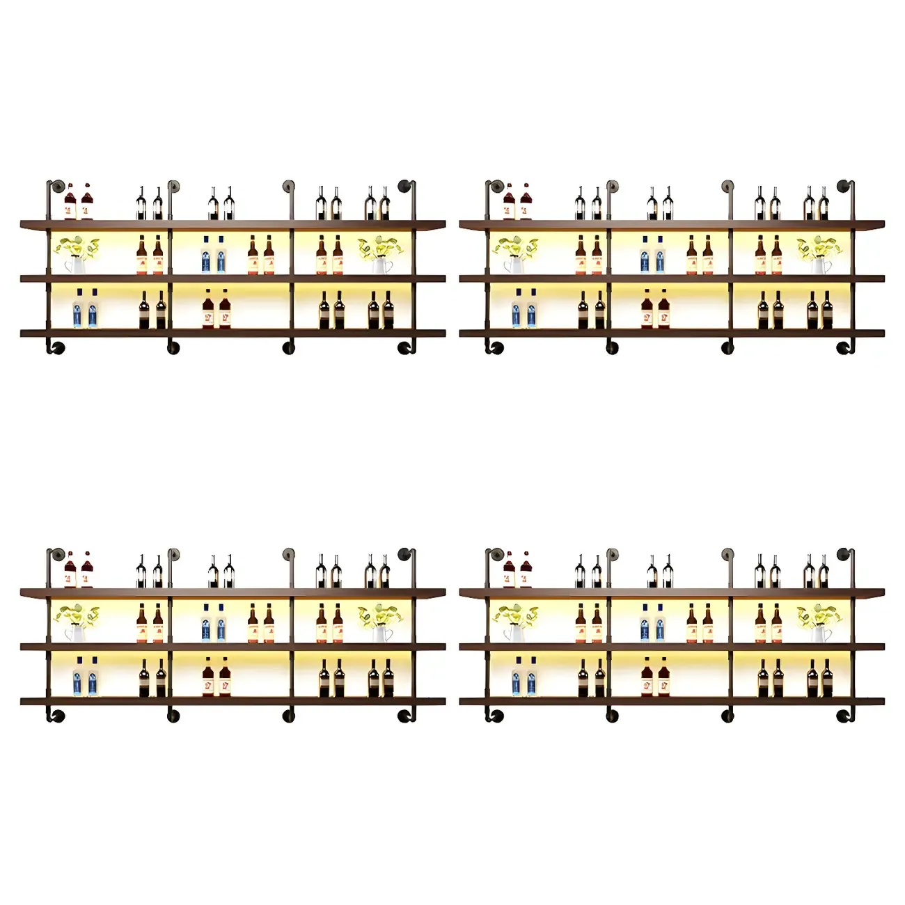 Brown Pine Wood Wall-Mounted Wine Rack with Light