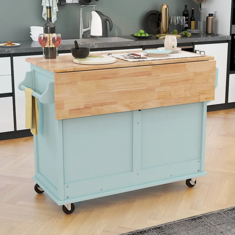 Kitchen Cart With Rubber Wood Drop-Leaf Countertop(no include stool)