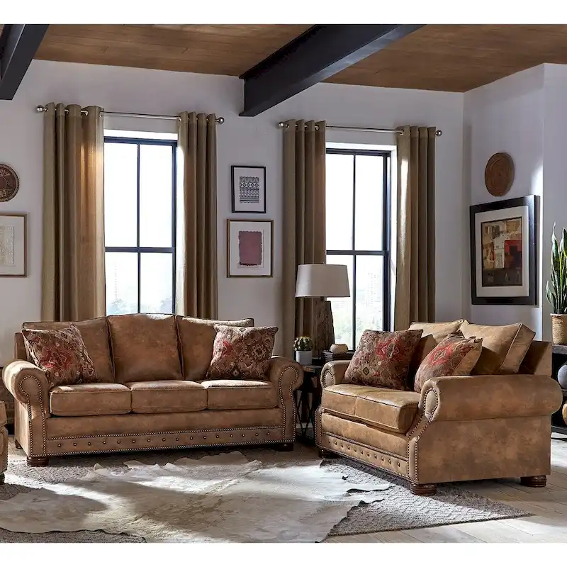 Rancho 2-pc. Rustic Brown Buckskin Sofa and Loveseat Set
