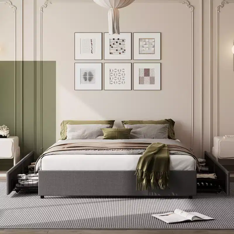 Bed Frame with 4 DrawersFabric Upholstered, Easy Assembly