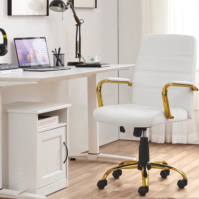 White Mid-Back PU Leather Office Chair with Gold Chrome Frame and Tilt Lock – Single User