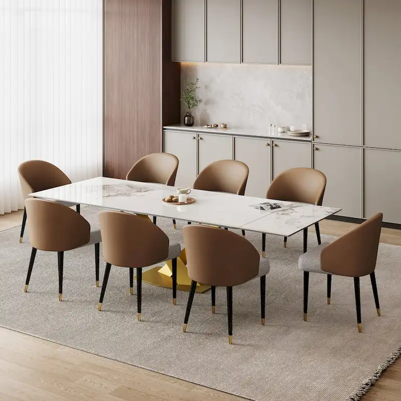 9 - Piece 94.48 Rectangular Extendable Sintered Stone Dining Table with 8 Faux leather Chairs Dining Set