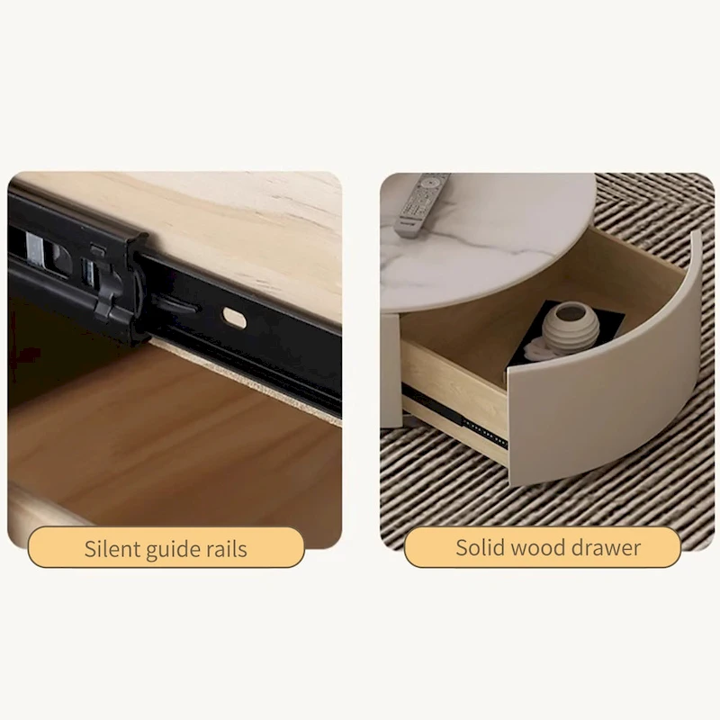 Modern Round Coffee table, Stone Table-top, Natural Wood - 50 x 31.5