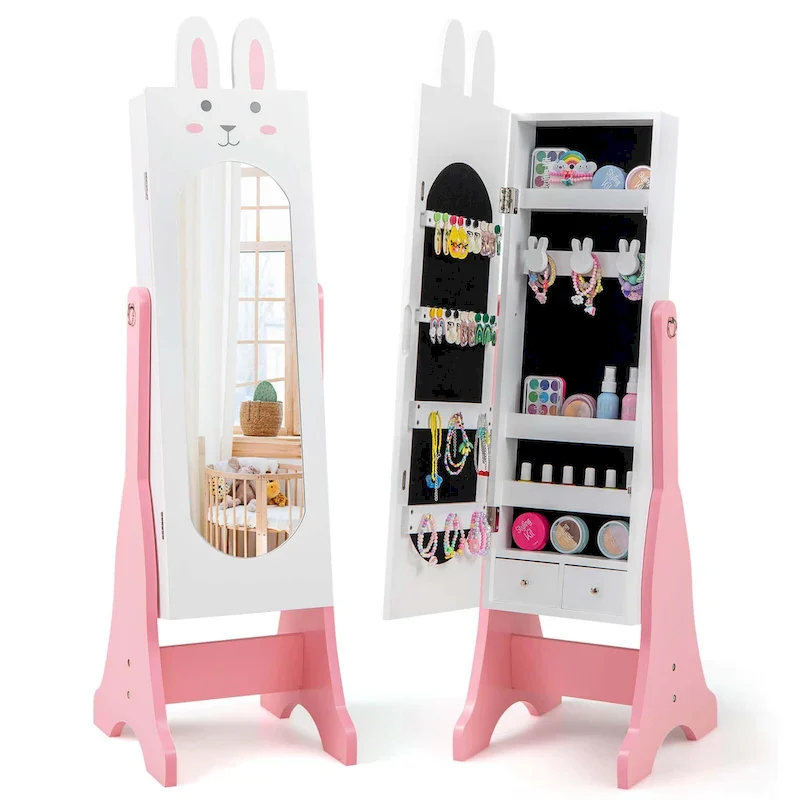 Newport Furnishings Kids Jewelry Armoire with Full-Length Mirror & Rabbit Design