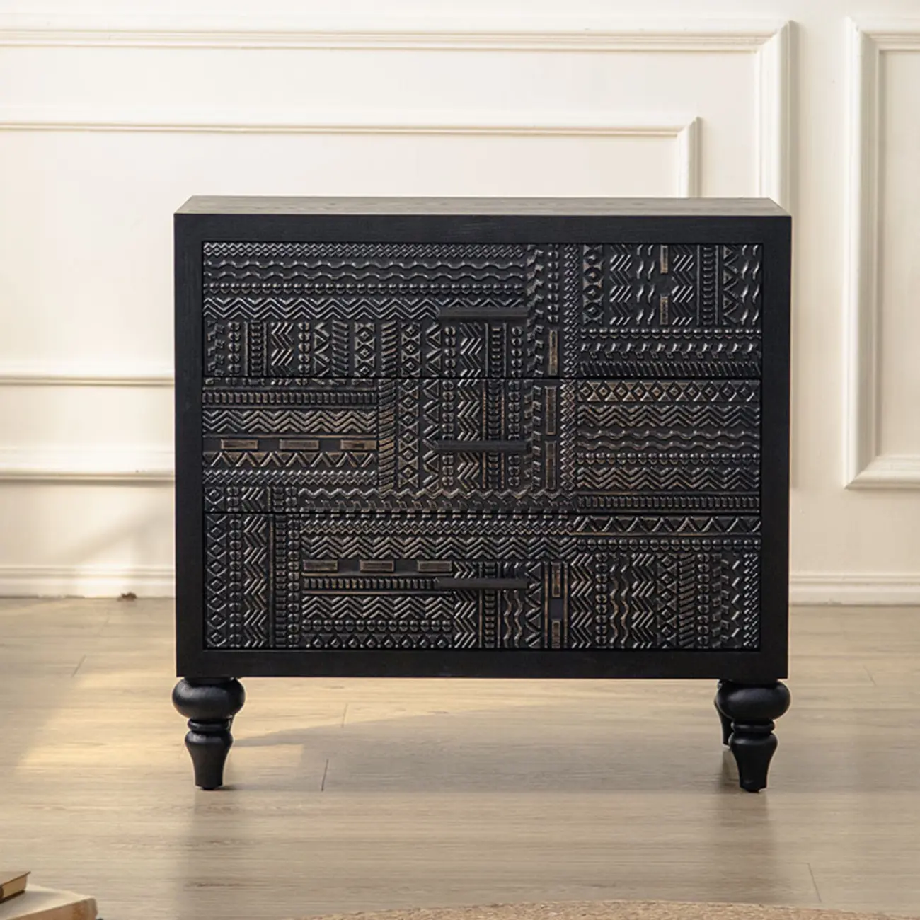 Mid-Century Rectangle Black Distressed Wood Carved Cabinet