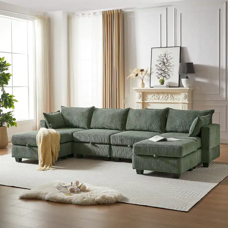 Green 6-Piece Convertible Corduroy Modular Sectional Sofa with Storage Seats, 2 Removable Ottomans, Free Combination