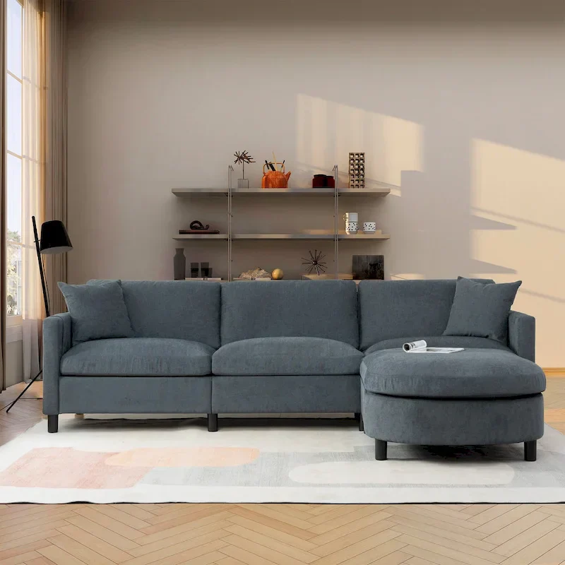 Grey 107.87 4-Seater Sectional Sofa with Removable Cushions, Movable Ottoman, and Storage Armrest Bag