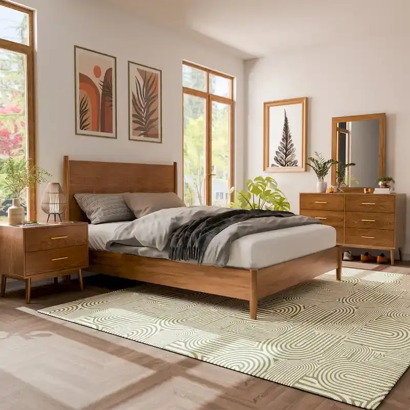 Furniture of America Beau Midcentury 4-Piece Walnut Wood Platform Bedroom Set