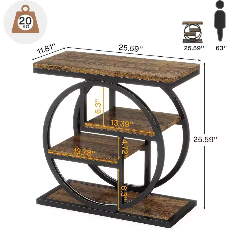 Brown Round 4-Tier Side Table with Storage Shelves – For 1