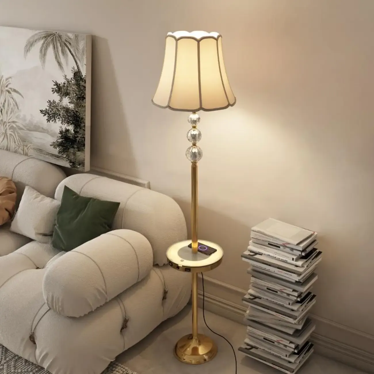 Modern Gold LED Floor Lamp with Round Shelf for Living Room