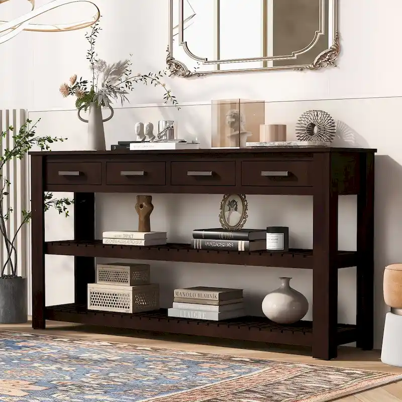 Entryway Console End Table with 4 Drawers and 2 Shelves for Hallway, Living Rooms