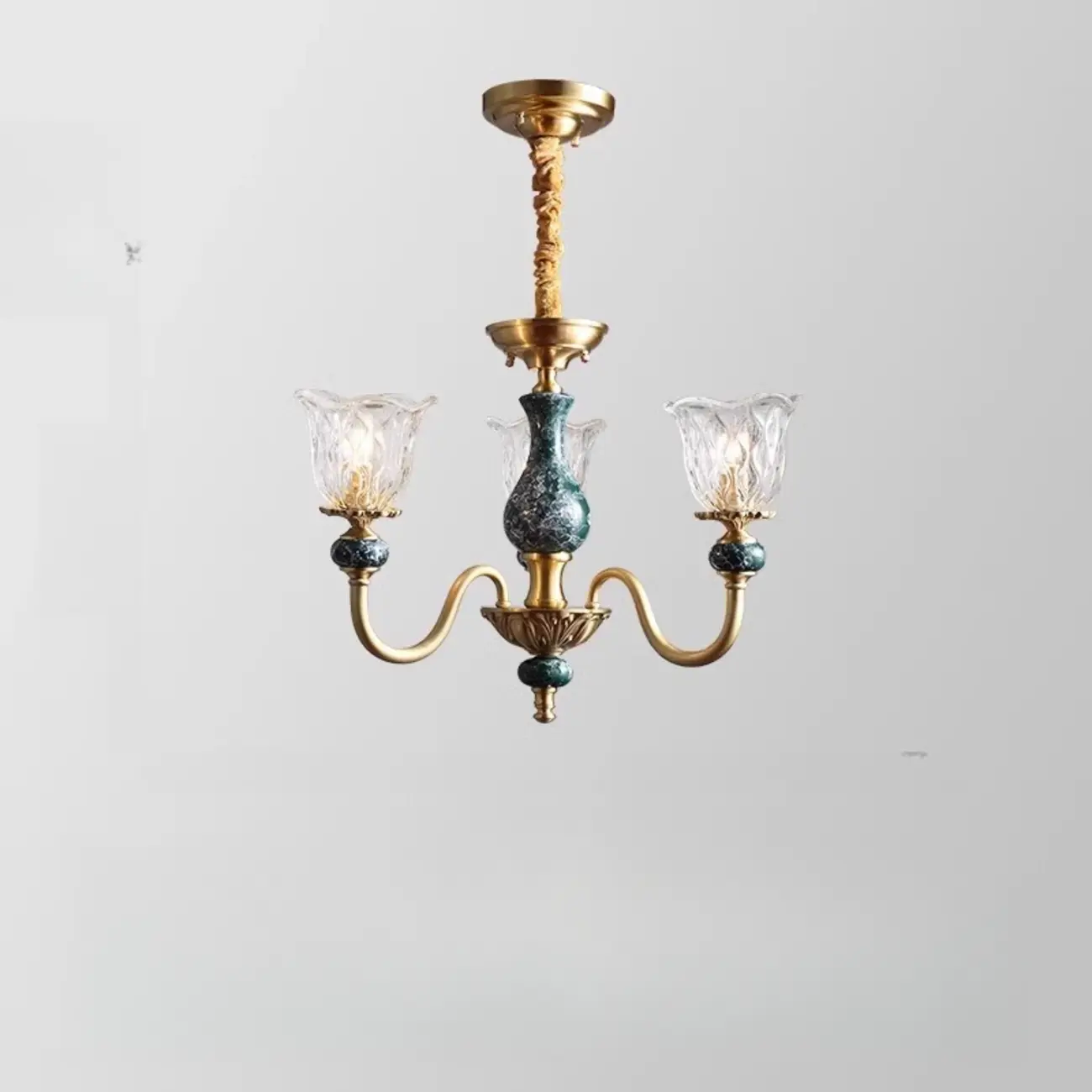 Vintage Living Room Brass Glass Flower Shape Up Light Chandelier