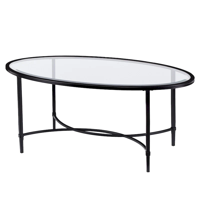 Matte Black Metal Oval Coffee Table with Glass Top