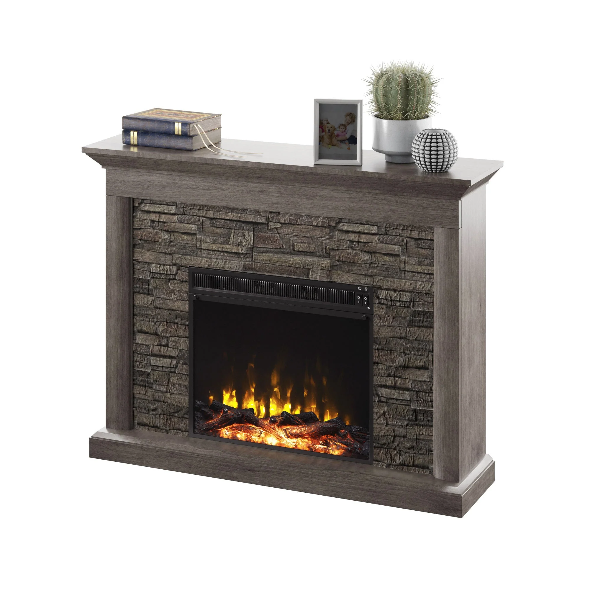 Stacked Stone Wall Mantel with Electric Fireplace