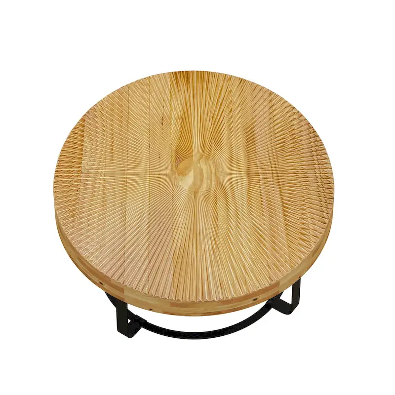 Modern Round Coffee Table Wooden Carving Pattern Coffee Table with Metal Legs