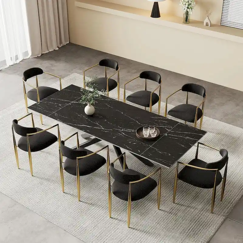9 - Piece Extendable Sintered Stone Top Cross Legs Dining Set With 8 Fabric Chair