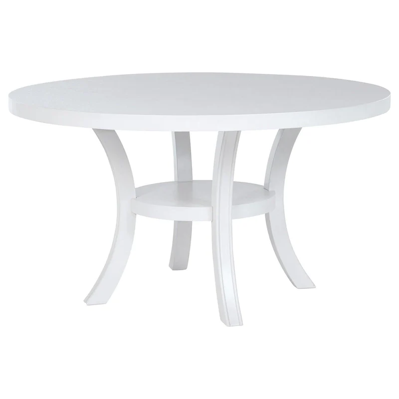 Judy Round Dining Table with Shelf and Flared Legs, White Wood 54 Inch
