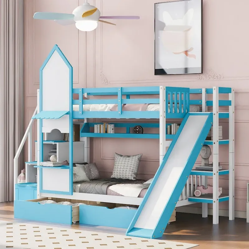 Twin-Over-Twin Castle Style Bunk Bed with Drawers,Shelves,Slide