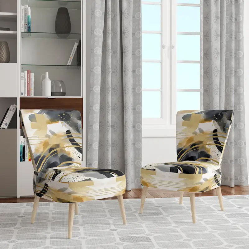 Designart Pastel Abstract With Blue Black & Gold Spots III Upholstered Fractals Accent Chair and Modern Arm Chair
