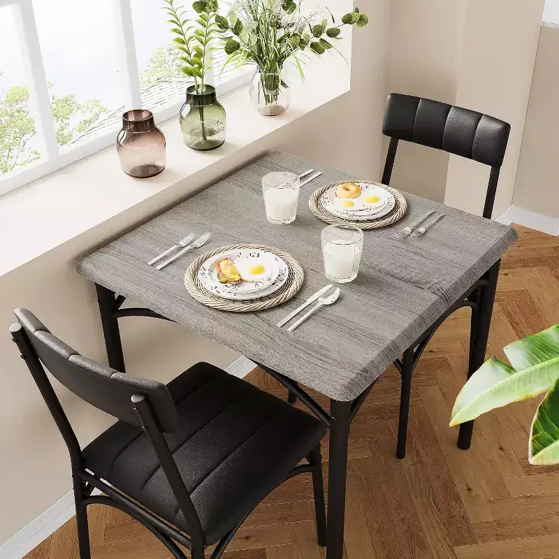 Modern Rustic Square Dining Set, 29.2' L x W 30.1' H Table, 33.7' 18.4' 17' Chairs, 2 Person, Metal & MDF, Easy Assembly, Space-Saving