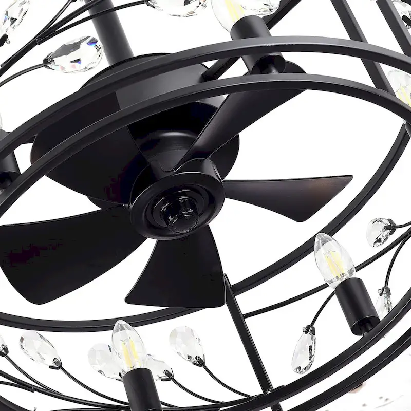20-In Black Crystal Caged Ceiling Fan with Light Remote-6 Light