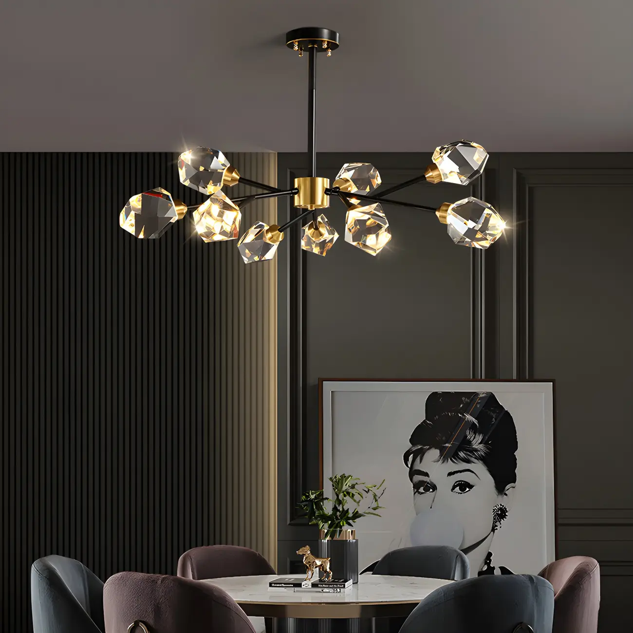 Modern Crystal Brass Sputnik Chandeliers in Black-Gold