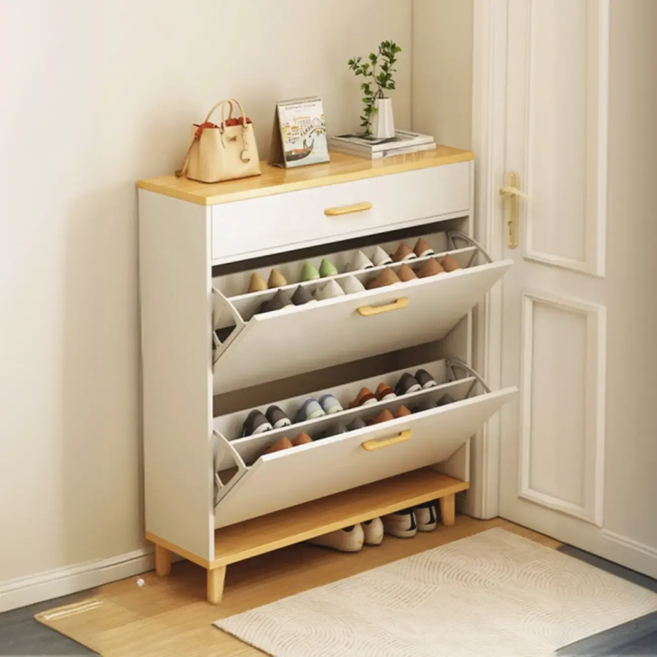 Entryway Modern Wood Shoe Cabinet with Flip-Out Drawer