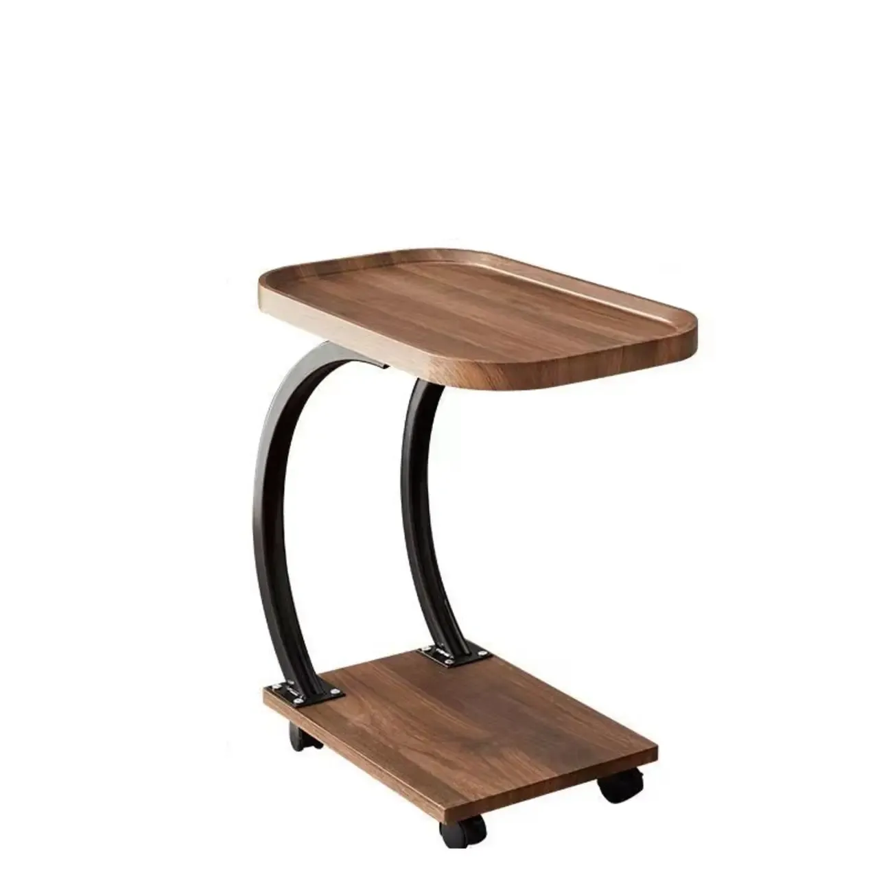 Wooden Round C-Shaped Side Table with Swivel Wheels
