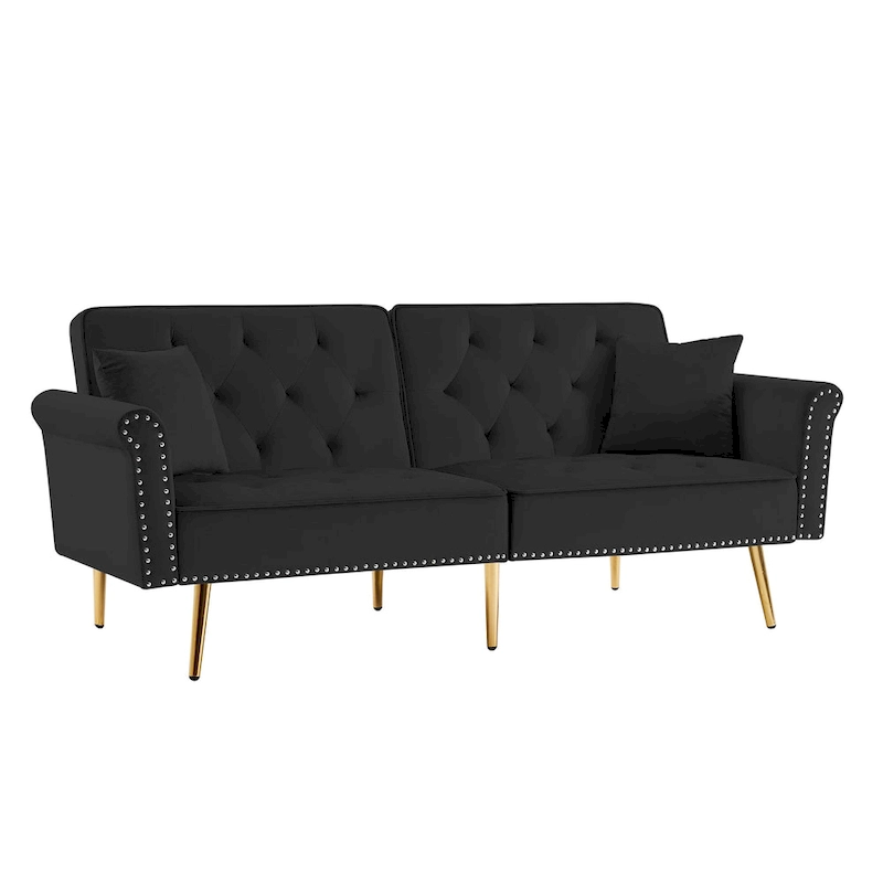Velvet Tufted Sofa Couch with 2 Pillows and Nailhead Trim