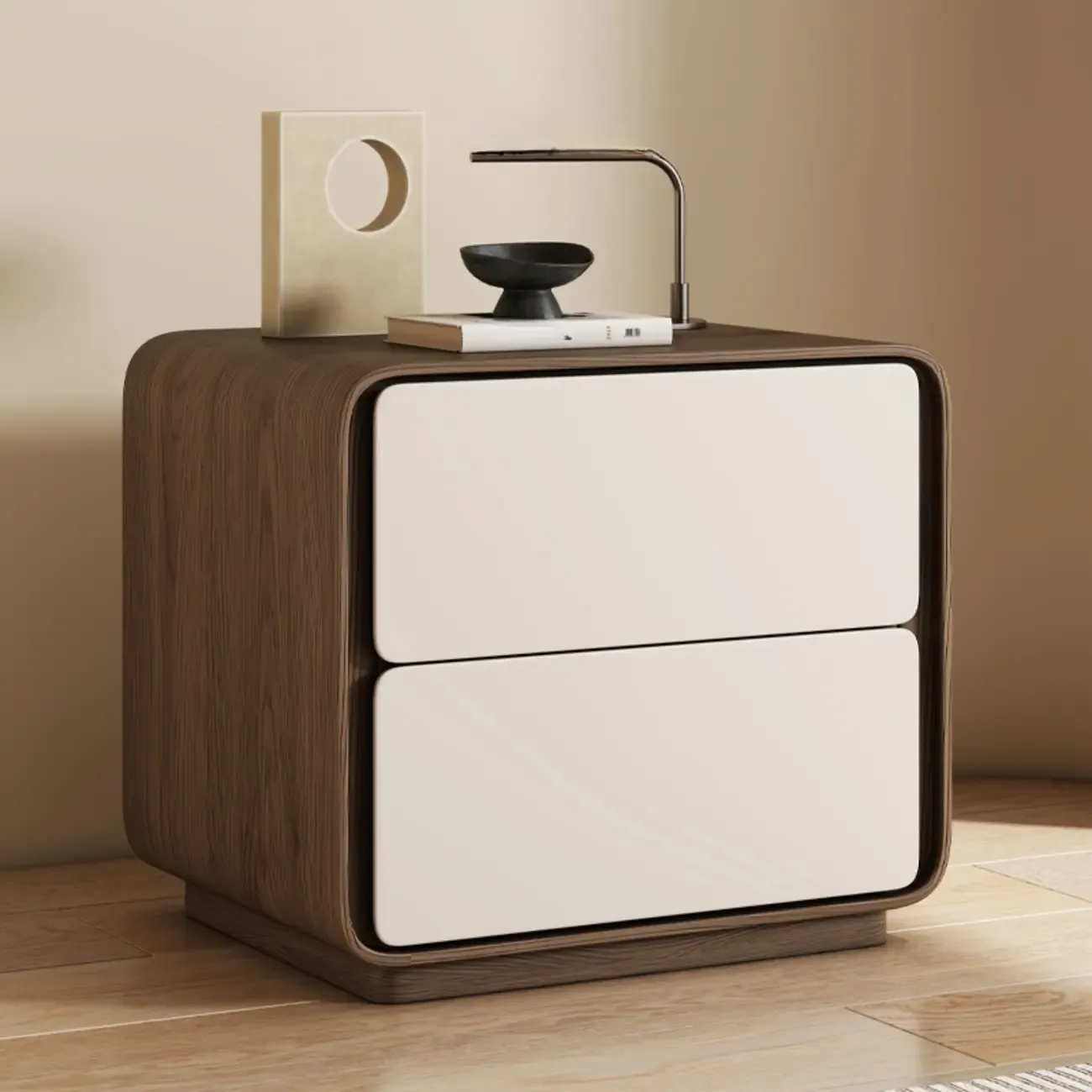 Modern Faux Leather Wood Top 2 Drawers Nightstand