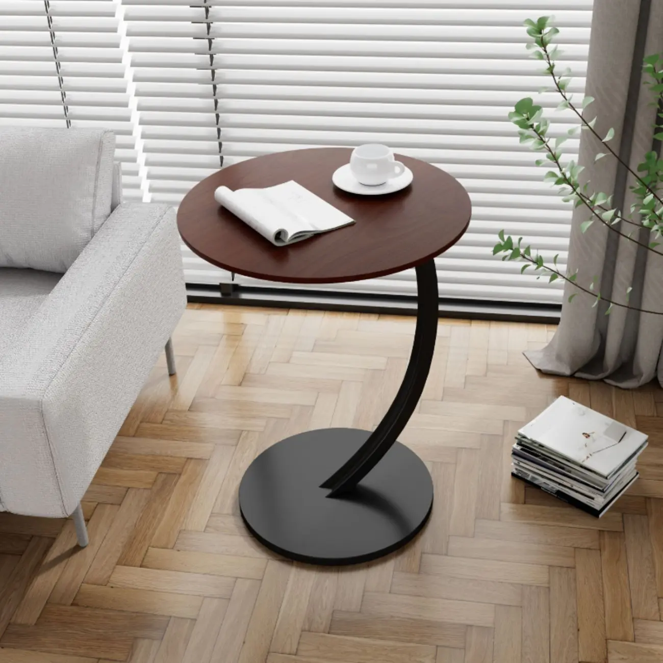 Modern Wood Round Top Triangular Silver Side Table