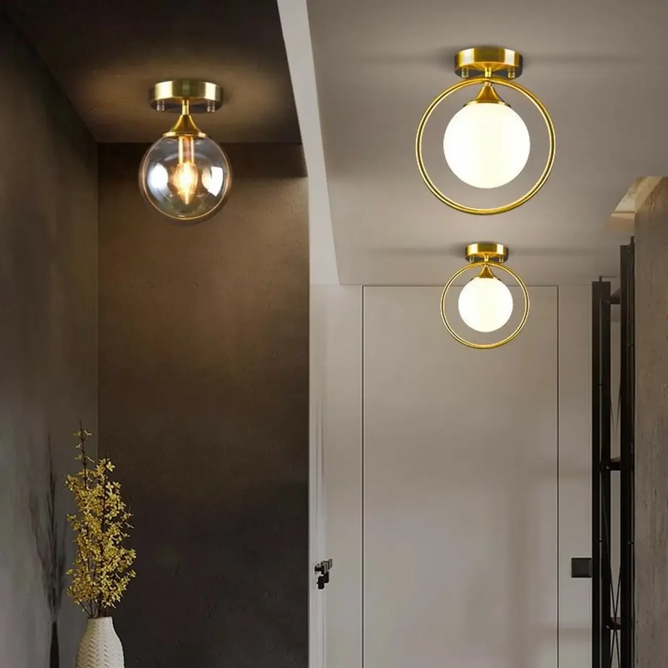 1-Light Circular Brass Glass Ball Semi Flush Ceiling Light