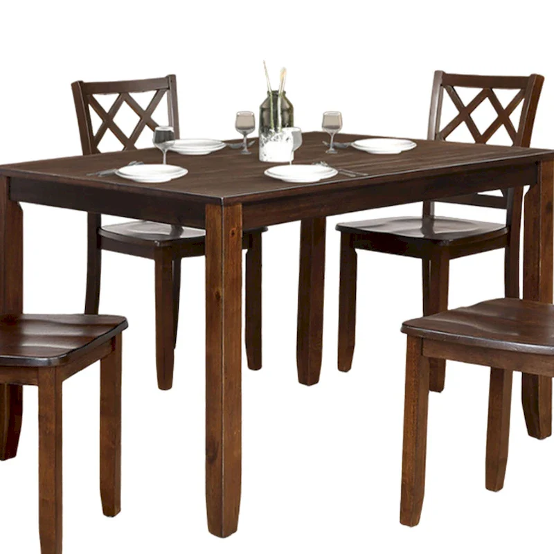 5 Piece Dining Table Set, 4 Cross Back Chairs, Cherry Brown Solid Wood