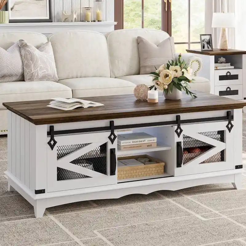 Farmhouse Coffee Table with Sliding Barn Door Storage