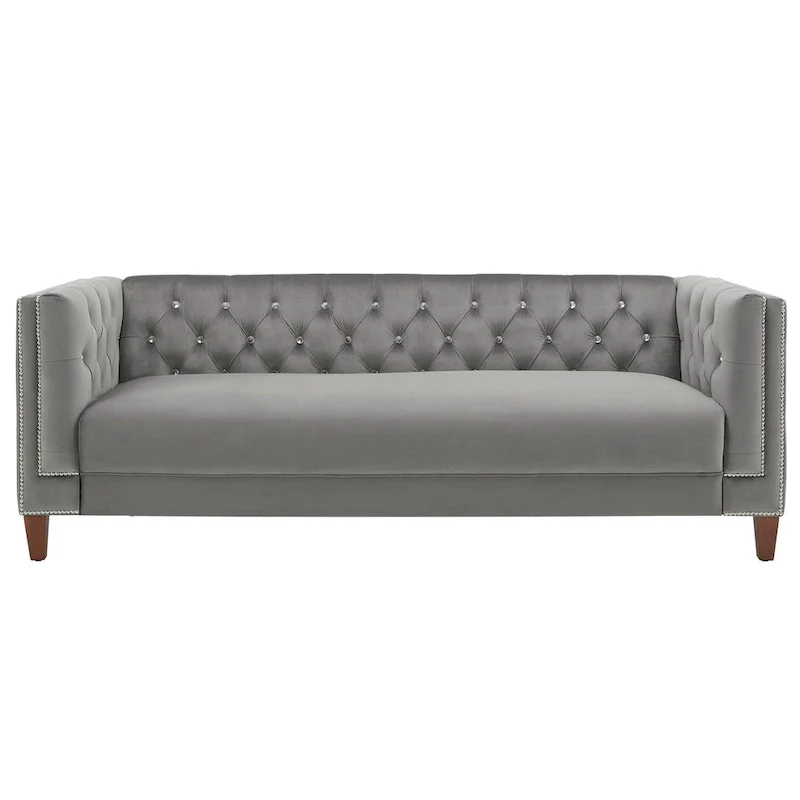 Grey Velvet Tufted Sofa and Loveseat with Nailhead Trim